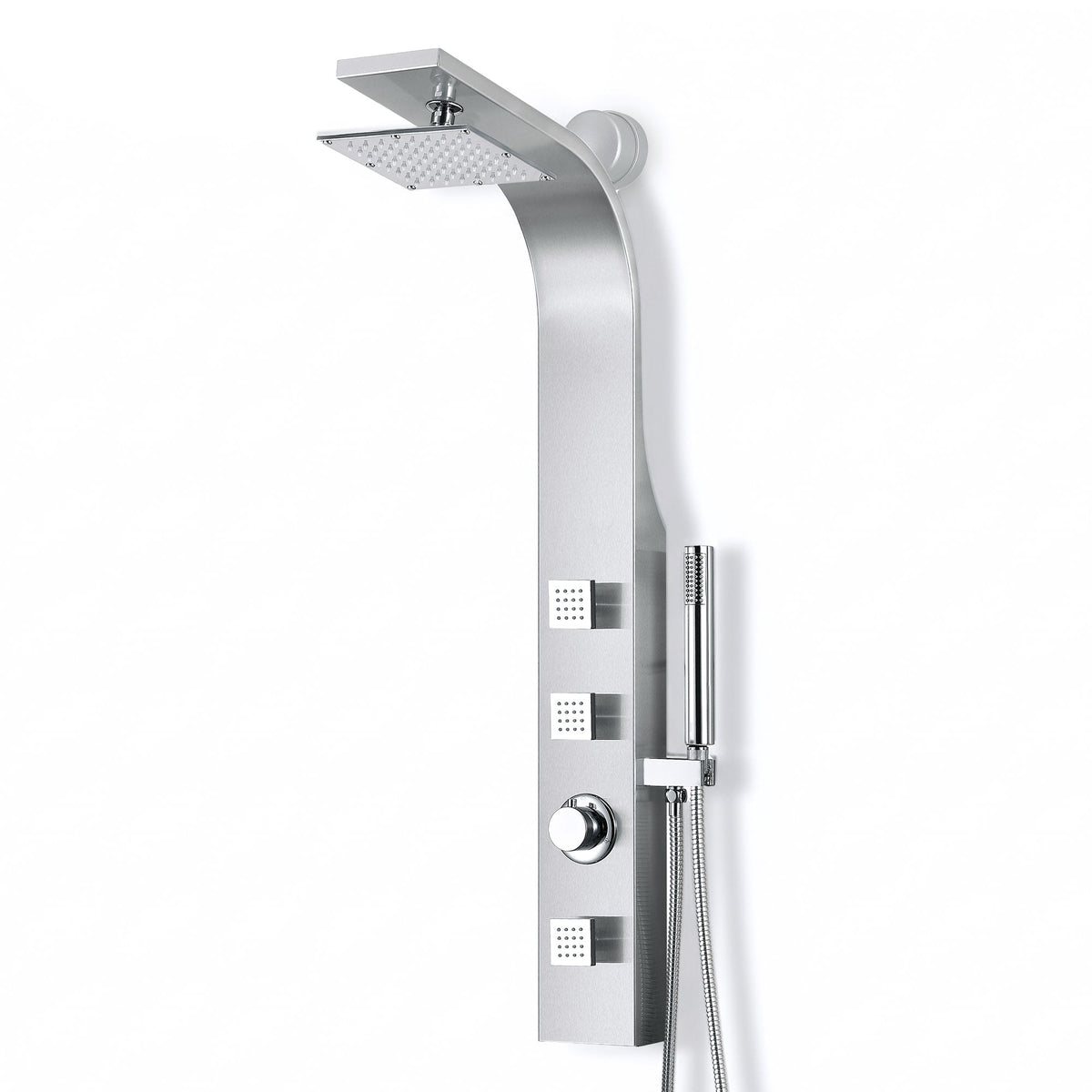 Sans Series 40 in. 3-Jetted Full Body Shower Tower System with Rainfall Showerhead and Spray Wand in Brushed Steel