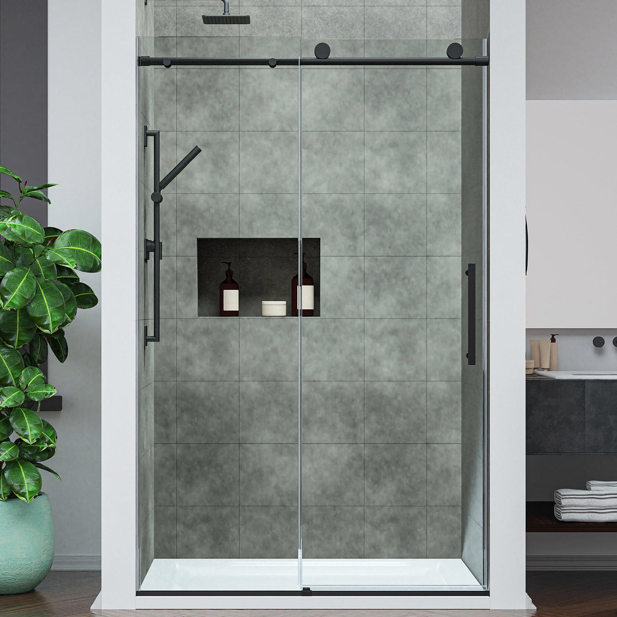 Mountain 48 in. W x 76 in. H Reversible Frameless Sliding Glass Shower Door with Soft-Close System - Multiple Finishes