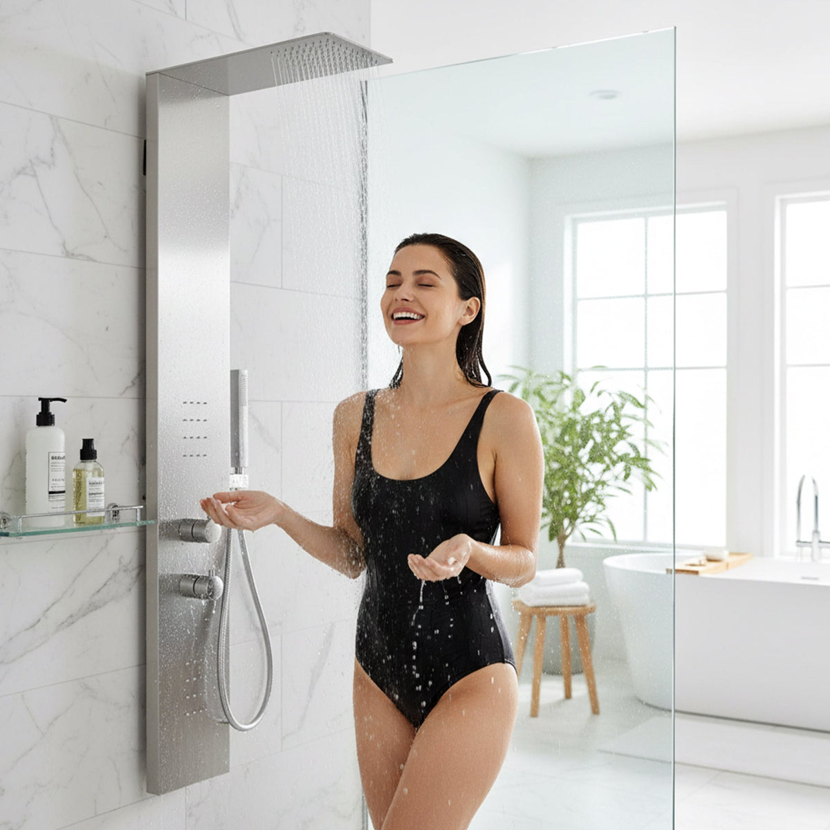 Collines Series 55 in. 2-Jetted Shower Tower with Heavy Rain Shower and Jets and Spray Wand