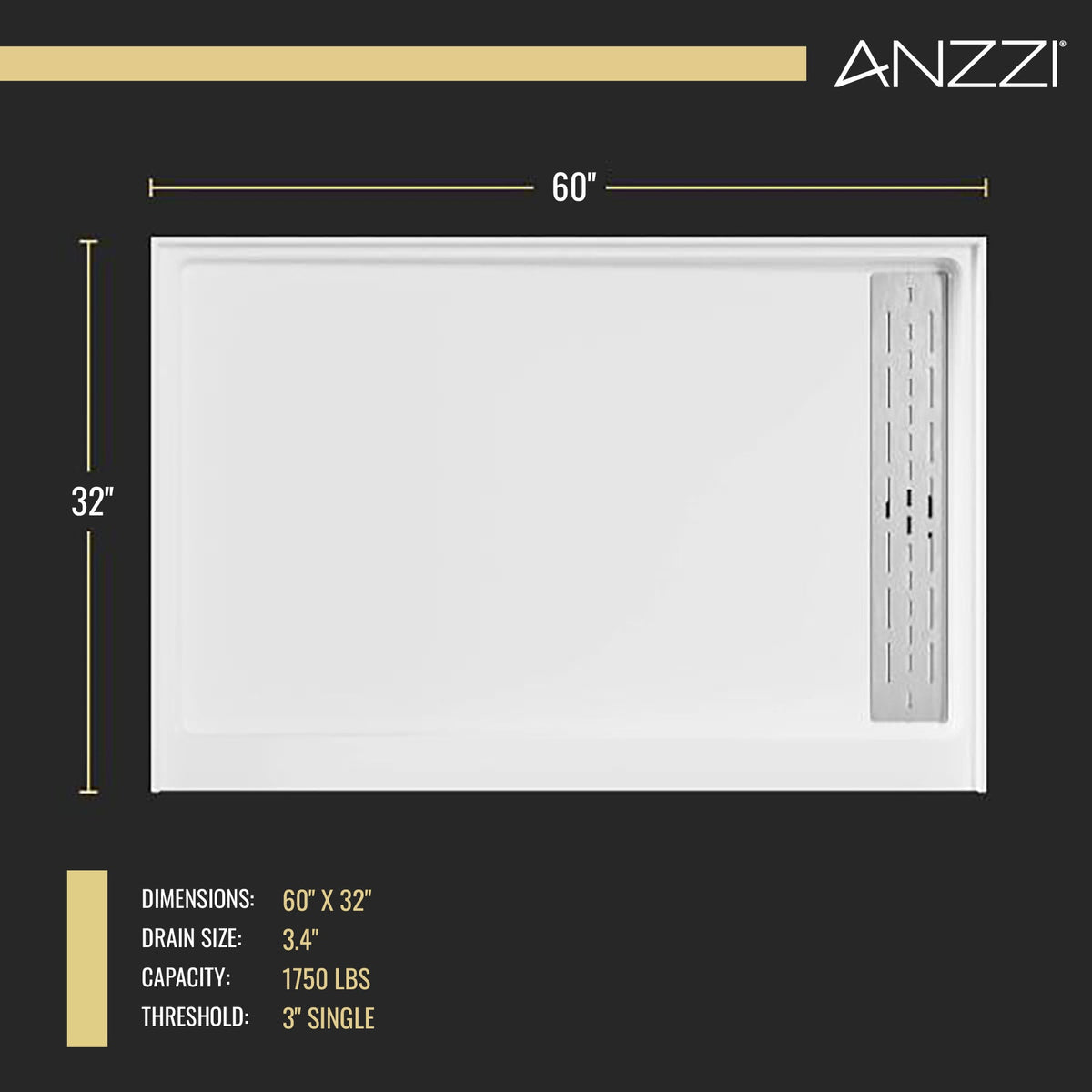 Alexander 60 in. L x 32 in. W Alcove Shower Pan Base with Left or Right Drain in Glossy White Marine Acrylic
