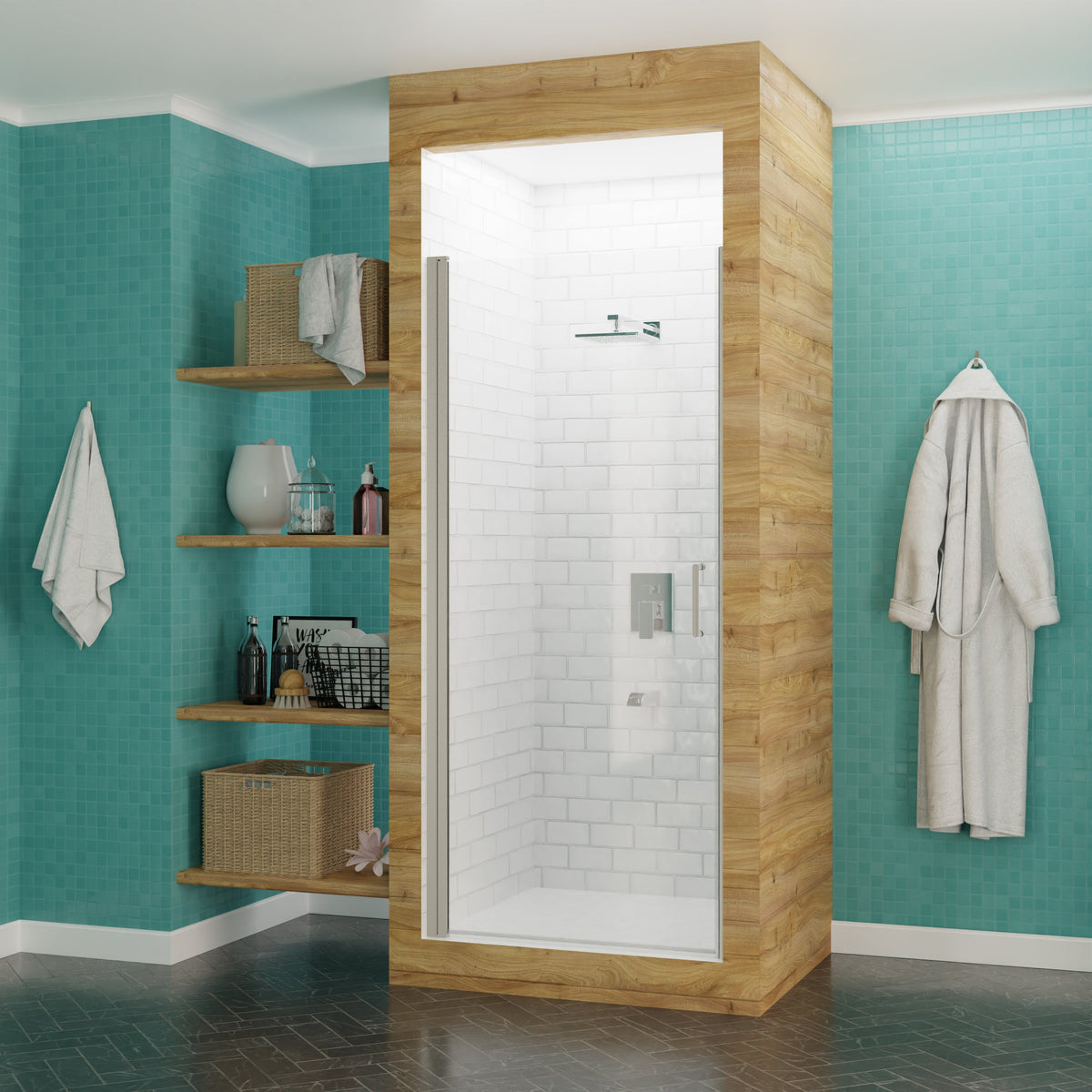 23 x 72 Semi-Frameless Shower Door, Lancer Hinged Frameless Tsunami Tempered Glass