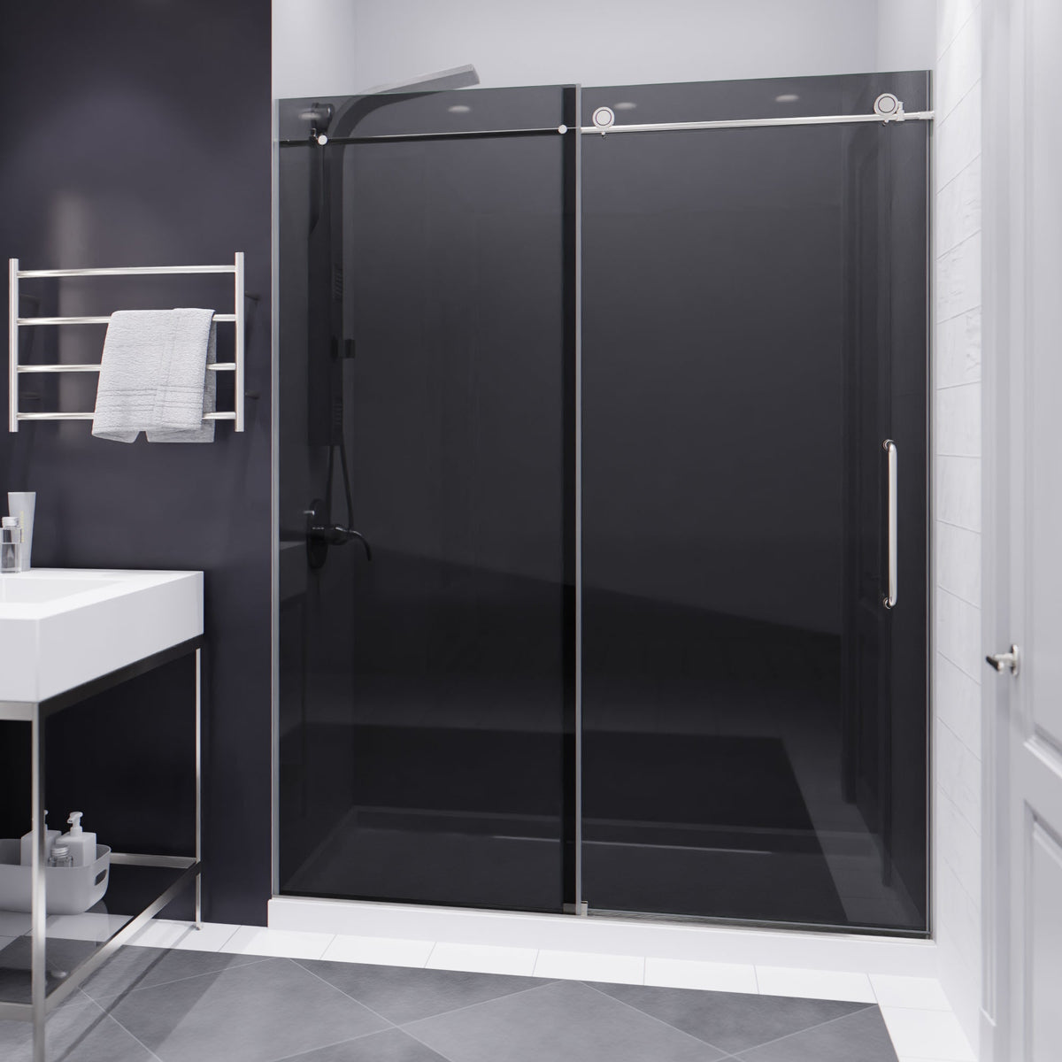 Madam Series 56 to 60 in. x 76 in. Frameless Sliding Shower Door with Clear or Tinted Tempered Glass and Tsunami Guard