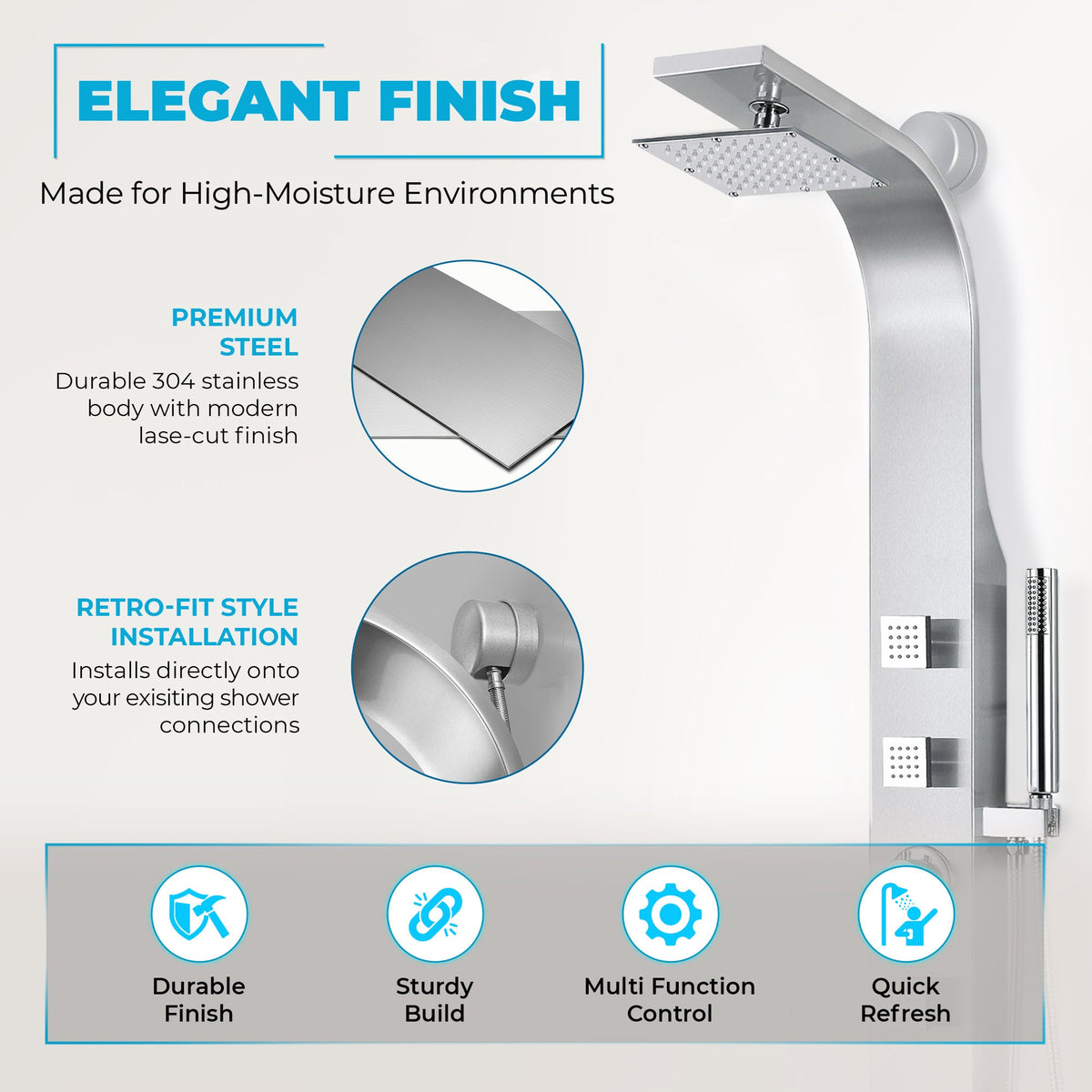 Sans Series 40 in. 3-Jetted Full Body Shower Tower System with Rainfall Showerhead and Spray Wand in Brushed Steel