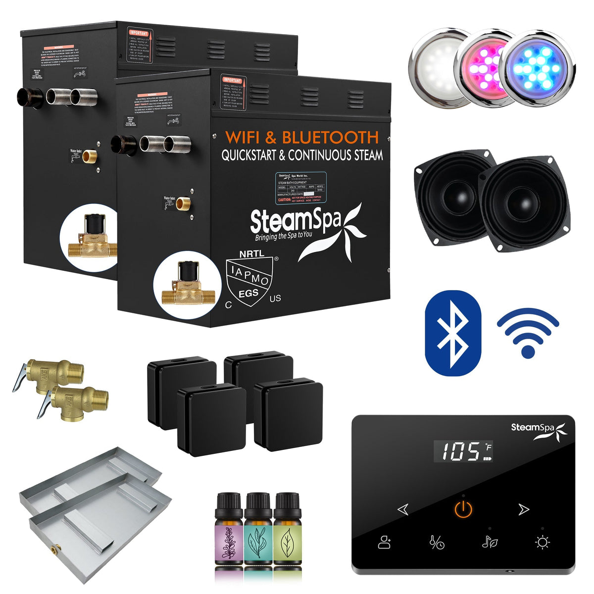 Steam Shower Generator, Full Package, Black Wireless Deluxe New Square Heads