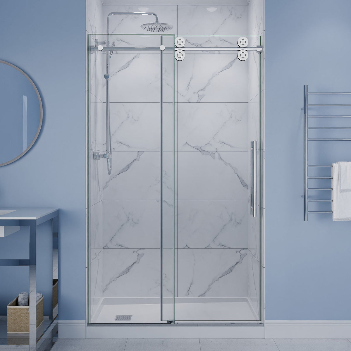 Ozean Series 44 to 48 in. x 76 in. Frameless Shower Door with Sliding with Tsunami Guard Tempered Clear Glass