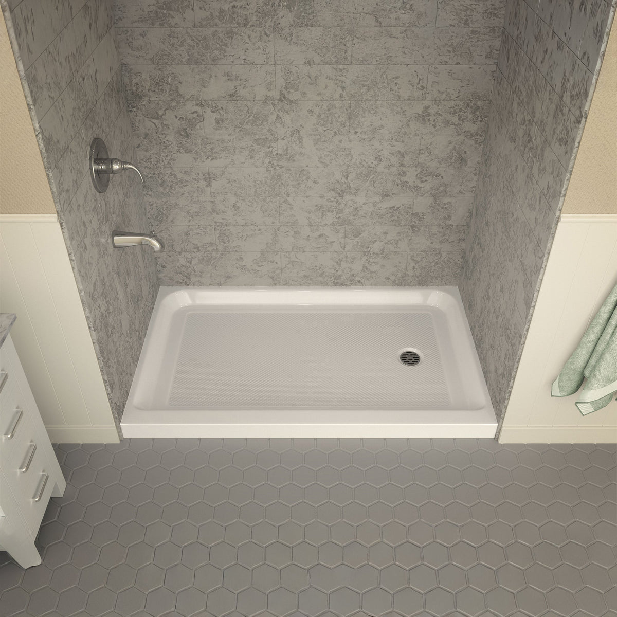 Tiers Base Series 36 in. L x 60 in. W Alcove Shower Shower Pan Base with Right Drain in Glossy White Marine Acrylic