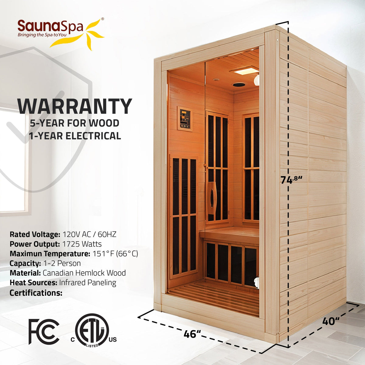 Infrared Sauna, Viti Person Indoor Hemlock