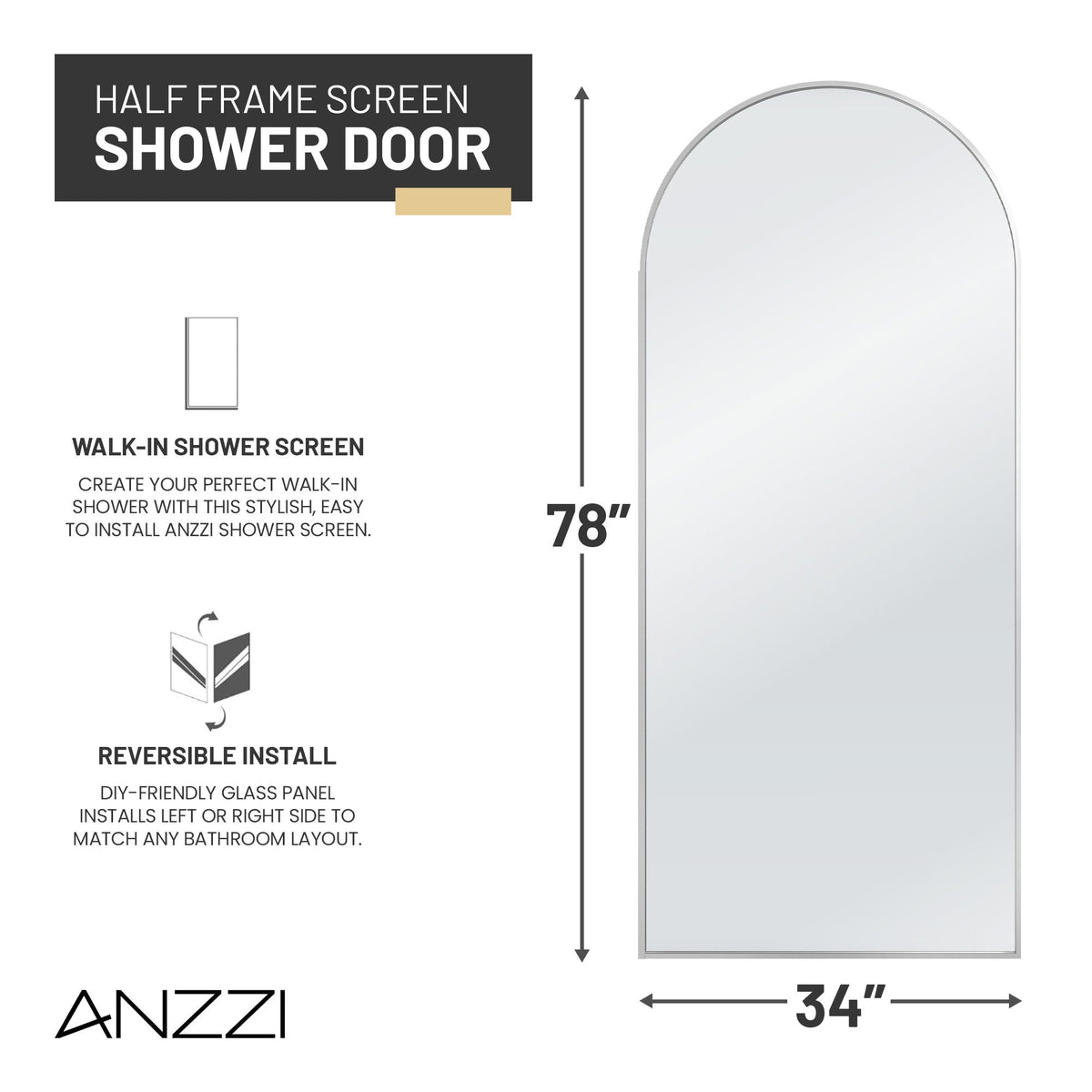 34 x 78 Framed Shower Door, Ember Arch Fixed Screen Fluted Glass