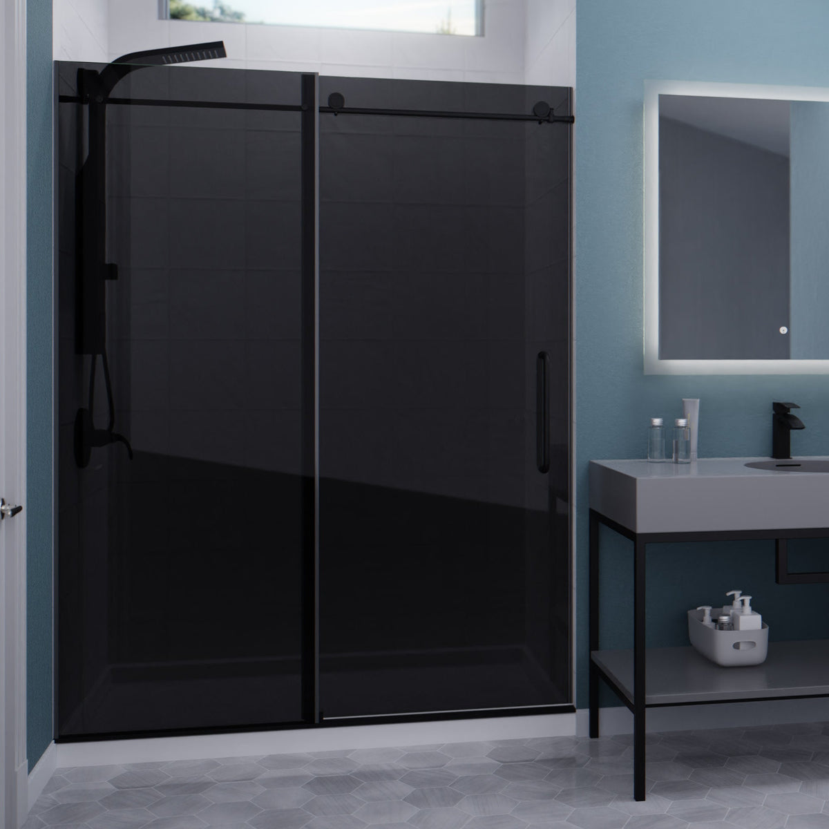 Madam Series 56 to 60 in. x 76 in. Frameless Sliding Shower Door with Clear or Tinted Tempered Glass and Tsunami Guard