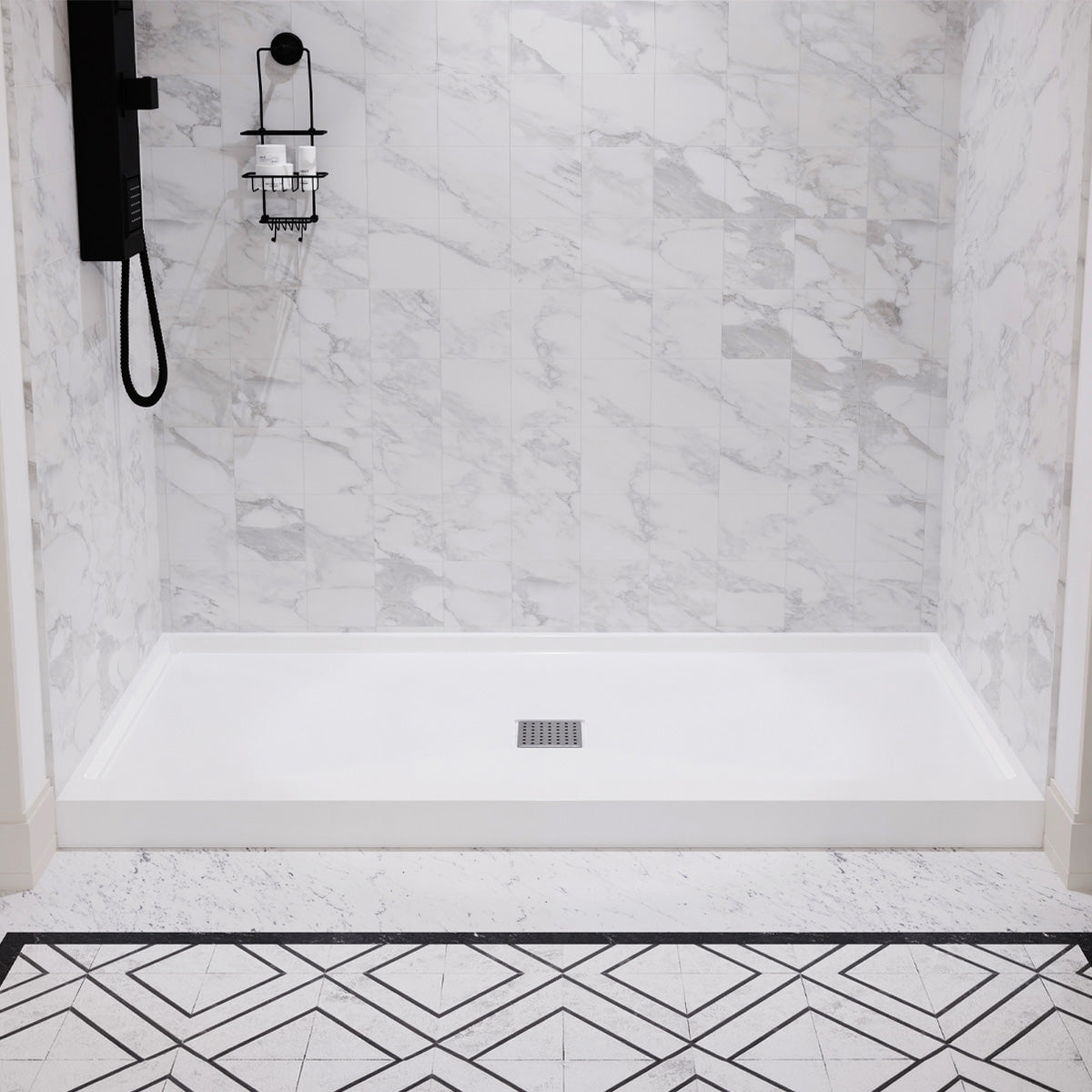 Alexander 60 in. L x 32 in. W Alcove Shower Pan Base with Center Drain in Glossy White Marine Acrylic