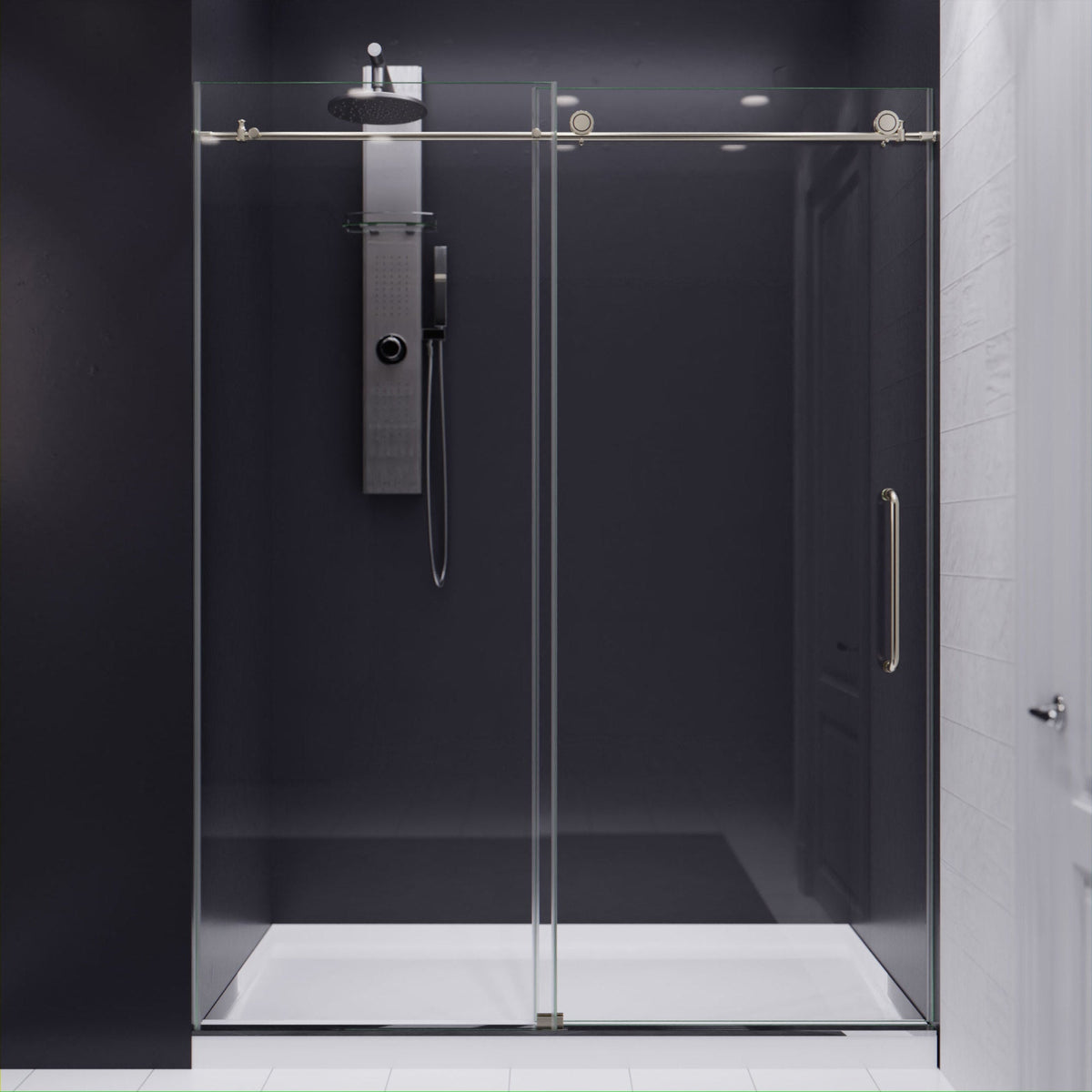 Madam Series 56 to 60 in. x 76 in. Frameless Sliding Shower Door with Clear or Tinted Tempered Glass and Tsunami Guard