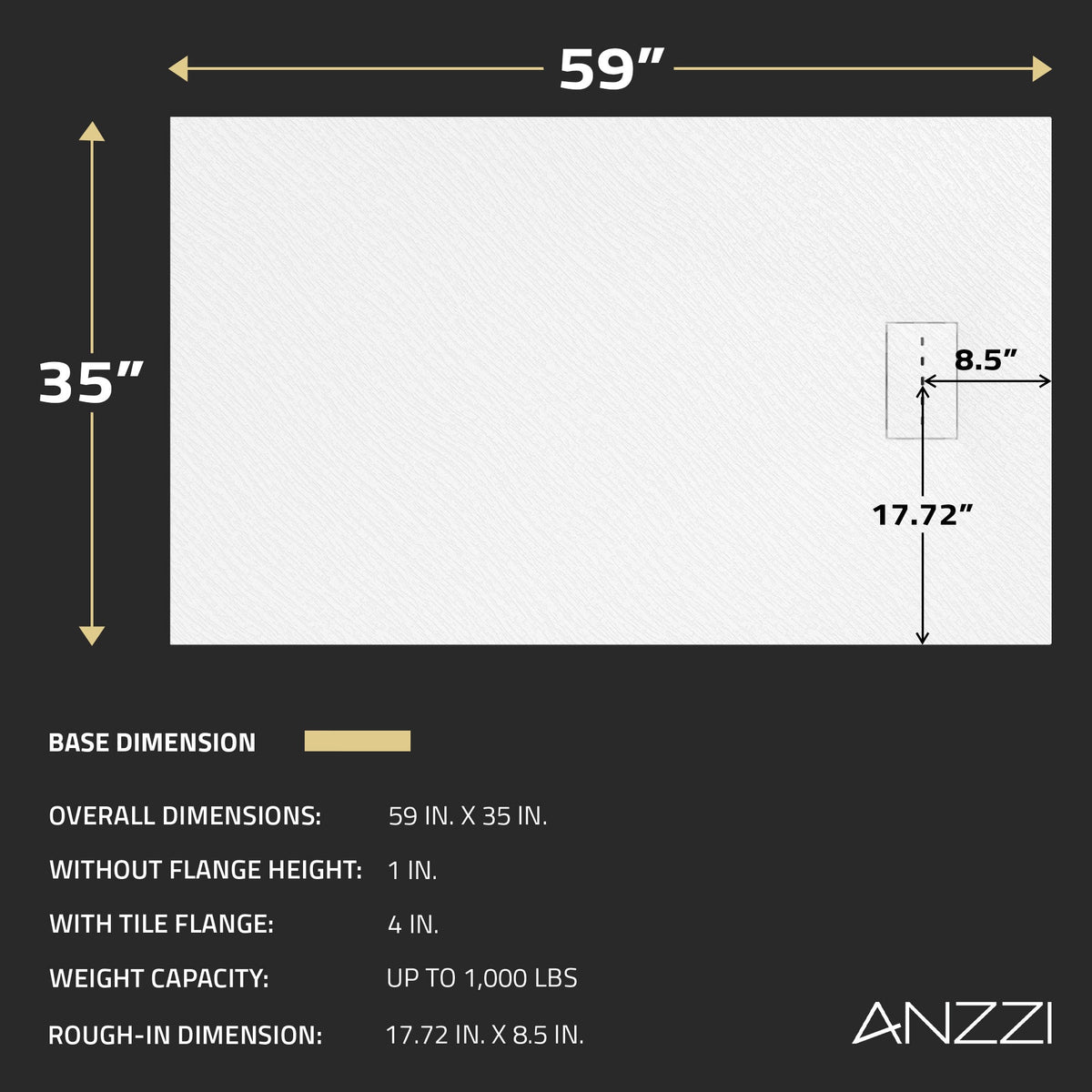 59 x 35 Shower Base, Pan Only, Barrier Free Curbless White and Slip-Resistant