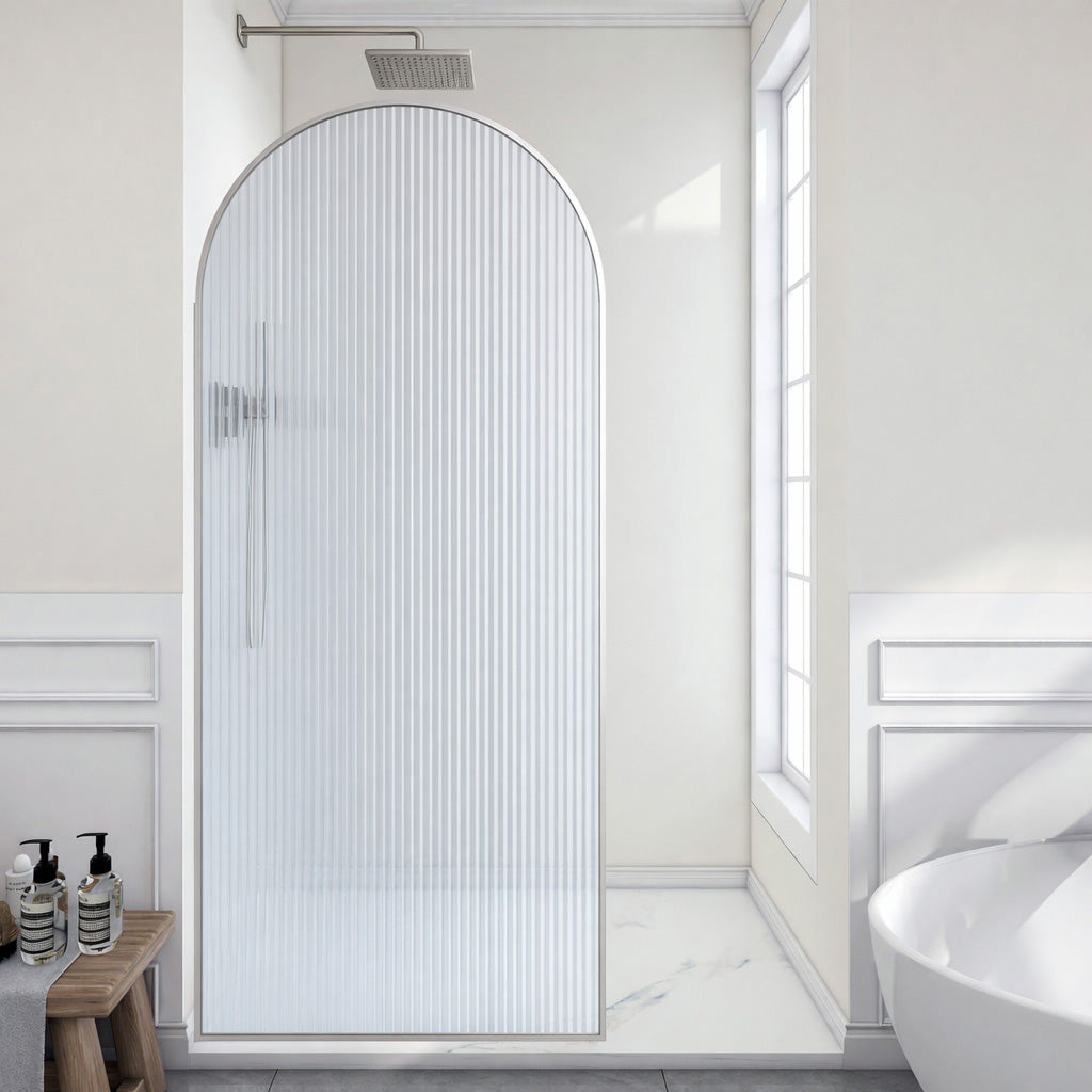 Ember Series 34 in. x 78 in Framed Arch Fixed Shower Screen Door with 8mm Tempered Clear or Fluted Glass