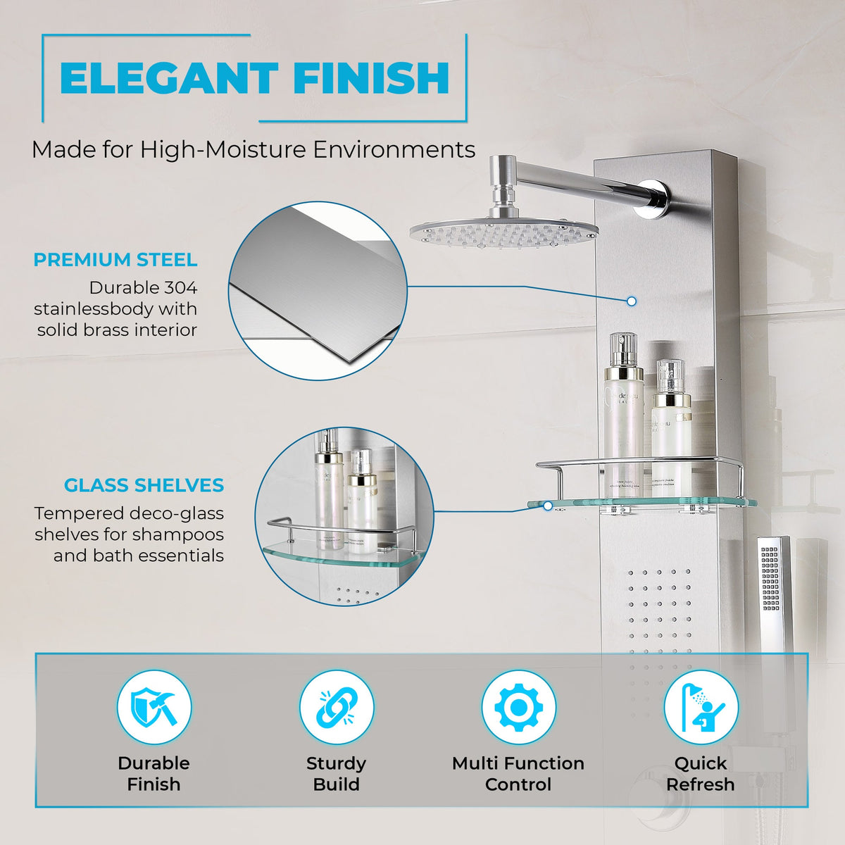 Coastal Series 44 in. 2-Jetted Full Body Shower Tower System with Rainfall Showerhead and Spray Wand in Brushed Steel