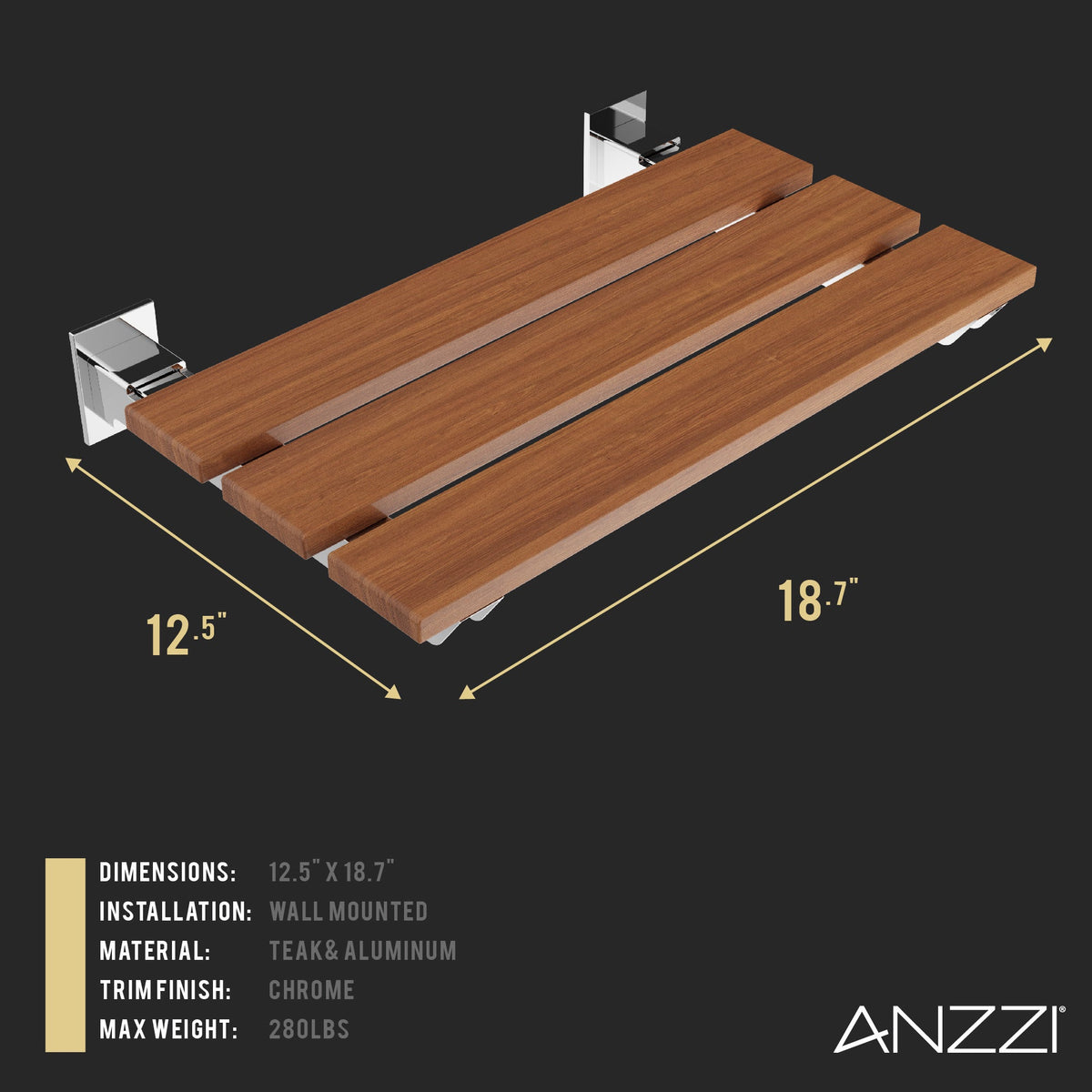 18.7 x 12.6 Shower Seat, ANZZI Bohemian Folding Teak Wall Mount