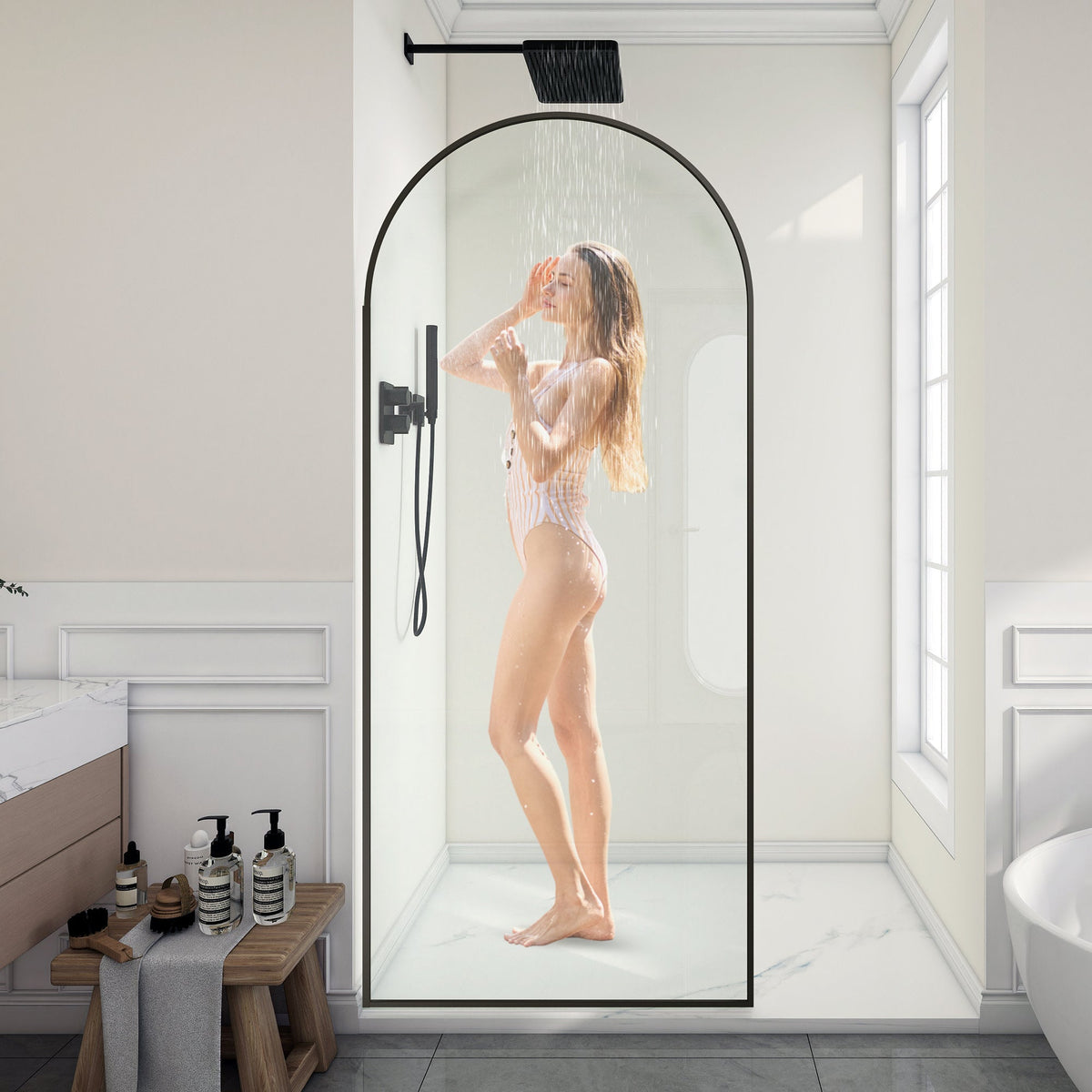 Ember Series 34 in. x 78 in Framed Arch Fixed Shower Screen Door with 8mm Tempered Clear or Fluted Glass