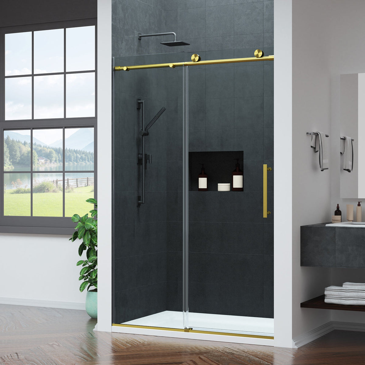 Mountain 48 in. W x 76 in. H Reversible Frameless Sliding Glass Shower Door with Soft-Close System - Multiple Finishes