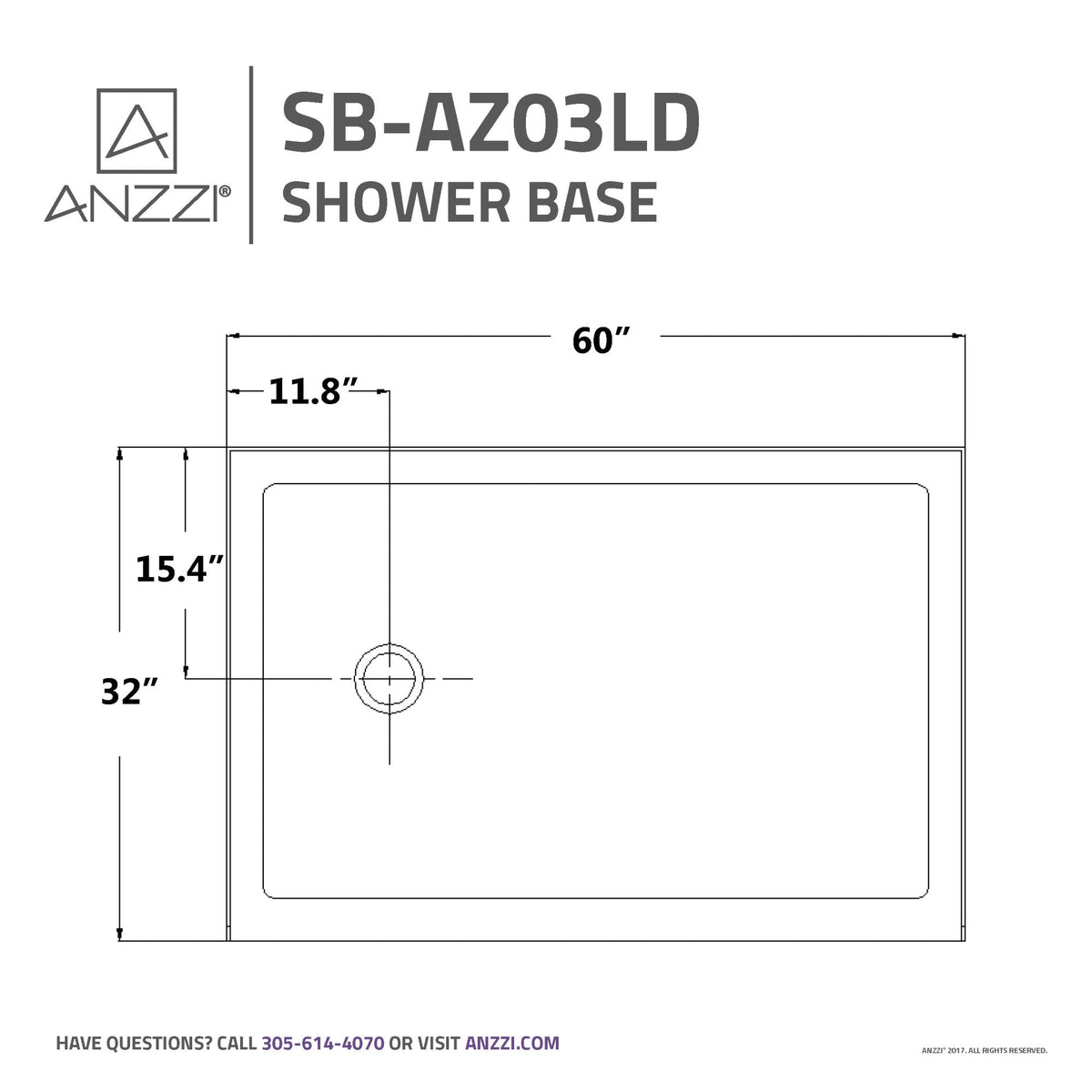 ANZZI Tier 60" x 32" Single Threshold Shower Pan, Durable Marine Grade Acrylic, cUPC Certified, 3-Wall Alcove Installati