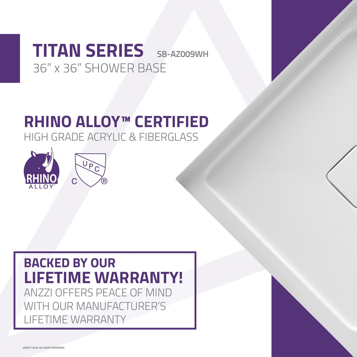 ANZZI Titan 36" x 36" Corner Shower Pan, Durable Marine Grade Acrylic, cUPC Certified, Center Drain, Slip-Resistant Floo