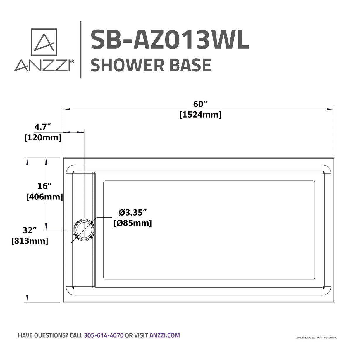 Meadow Base Series 60 in. L x 32 in. W Alcove Shower Shower Pan Base with Reversible Drain in Glossy White Acrylic