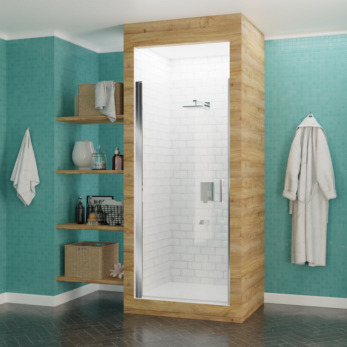 Lancer Series 29 in. x 72 in. H Hinged Semi-Frameless Shower Door with Tsunami Guard Tempered Glass