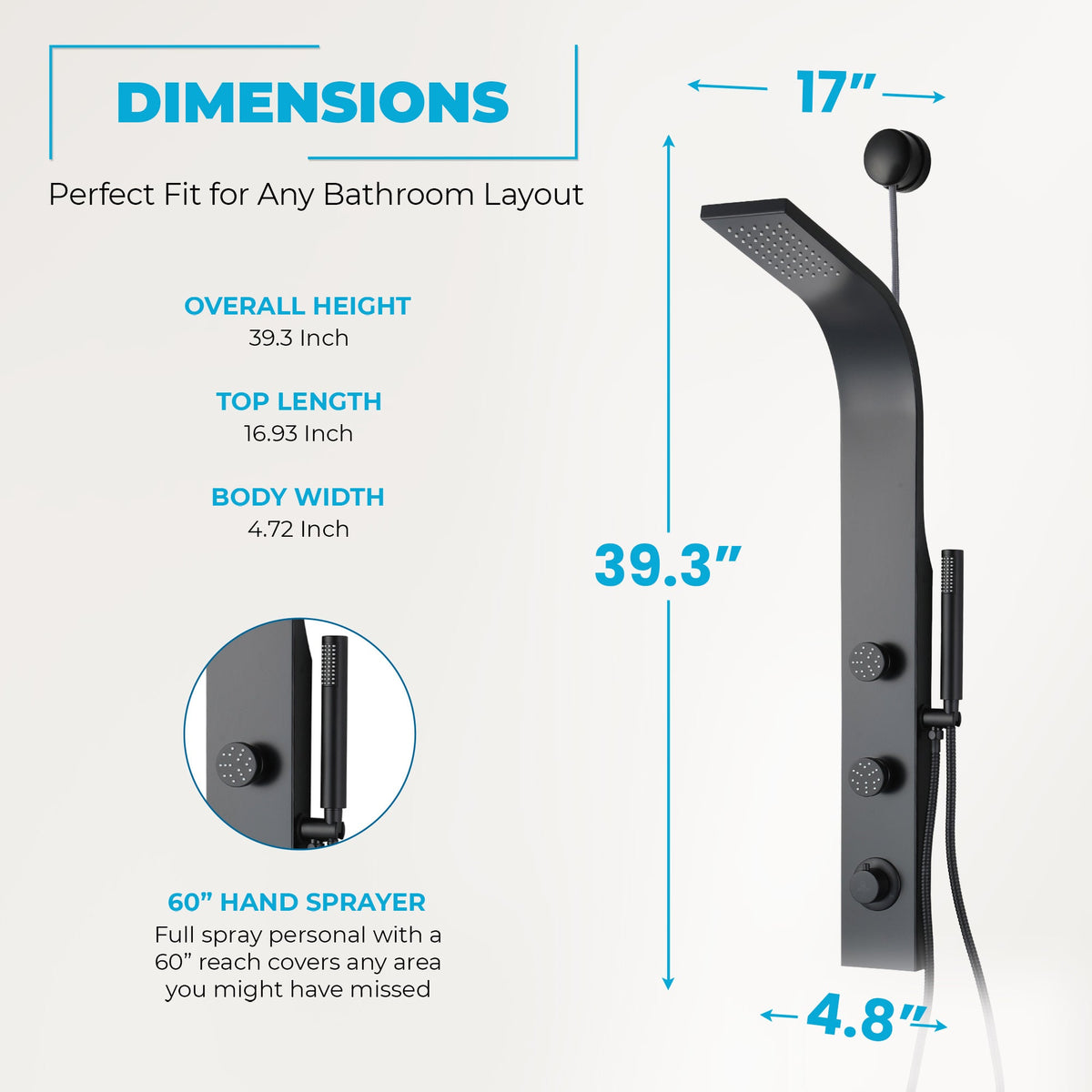 Cici Series 39 in. 2-Jetted Shower Tower with Heavy Rain Shower and Body Jets and Spray Wand