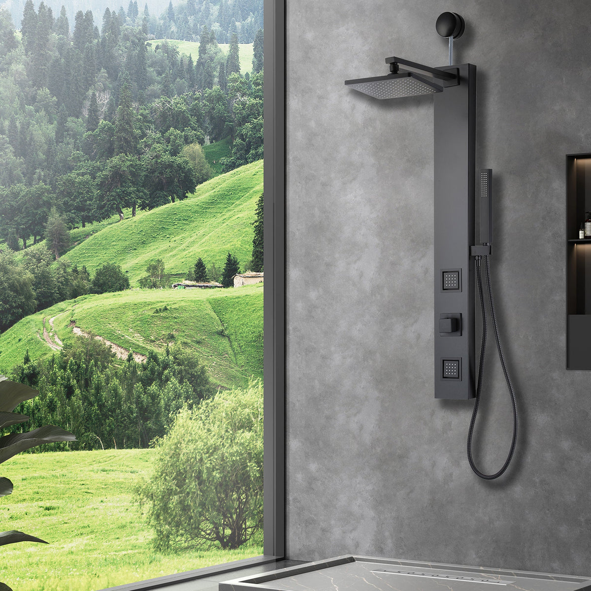 Dion Series 39 in. 2-Jetted Shower Tower with Heavy Rain Shower and Body Jets and Spray Wand