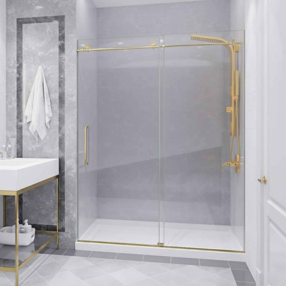60 x 76 Frameless Shower Door, Madam Sliding Clear or Tsunami Guard