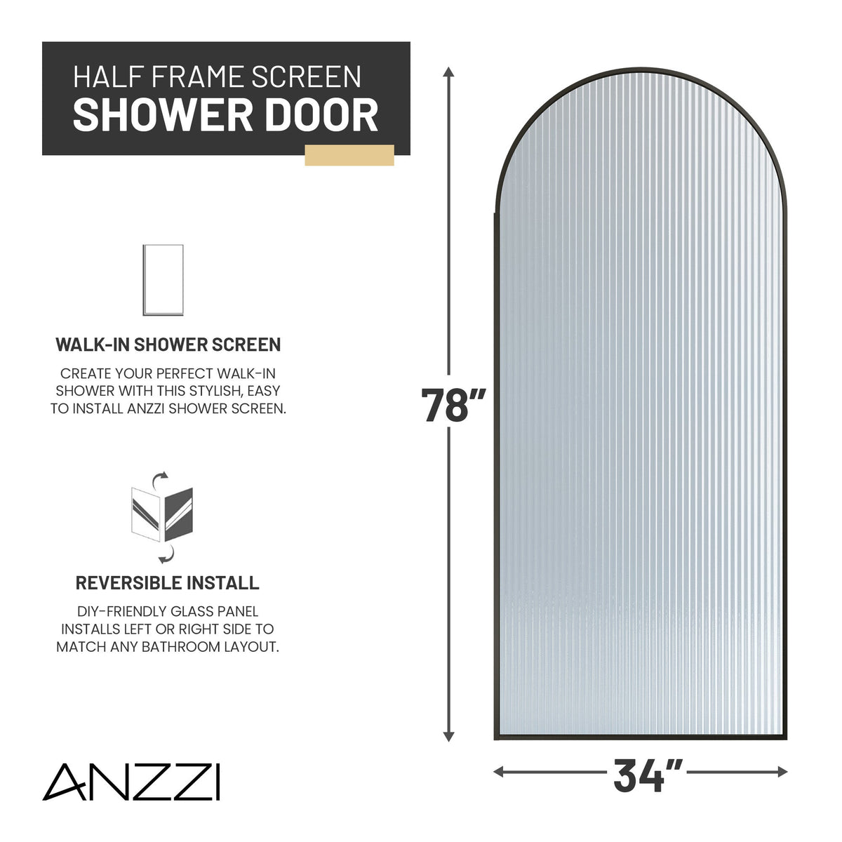 Ember Series 34 in. x 78 in Framed Arch Fixed Shower Screen Door with 8mm Tempered Clear or Fluted Glass