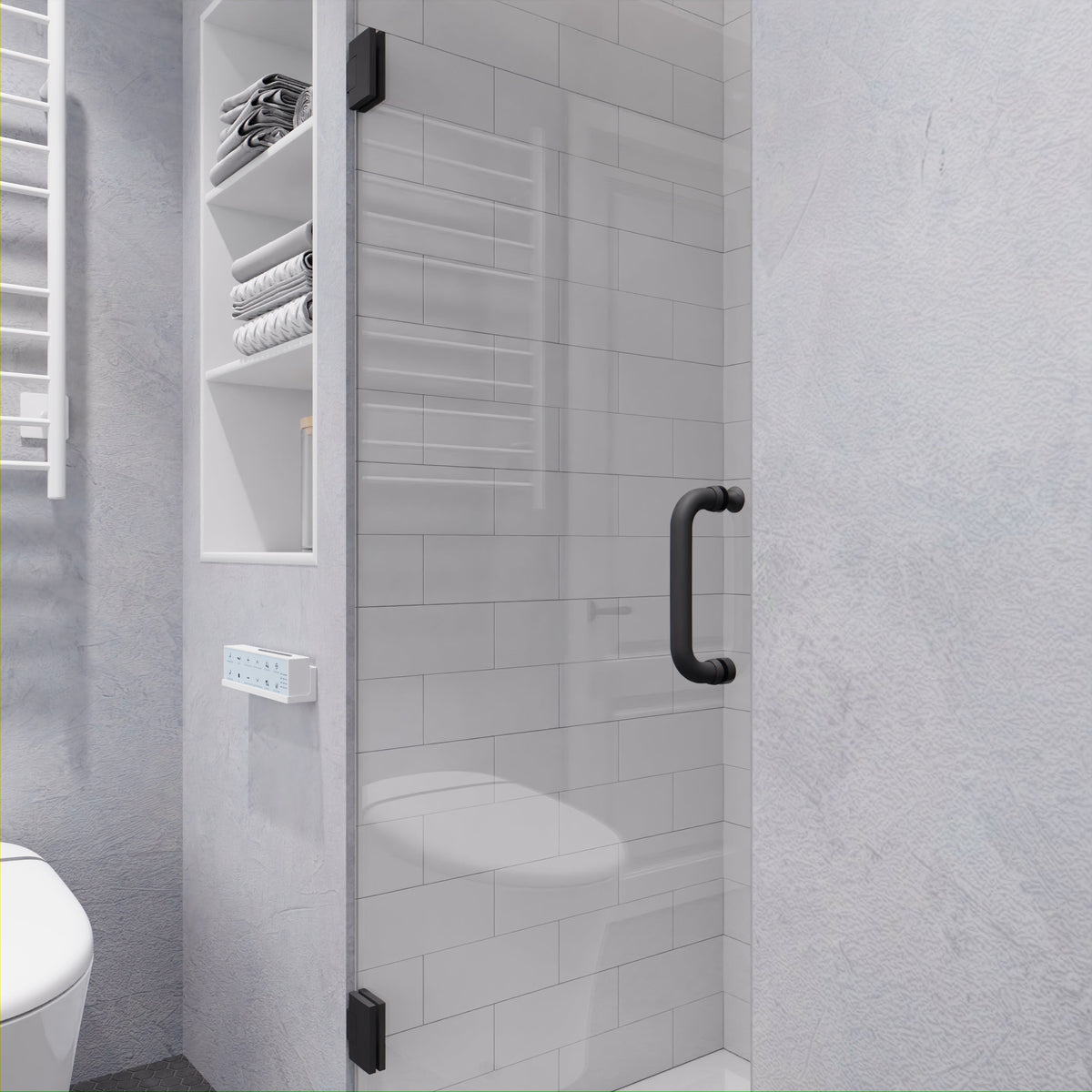 Fellow Series 24 in. x 70 in. Frameless Hinged Shower Door with Clear/Frosted Tempered Glass and Tsunami Guard