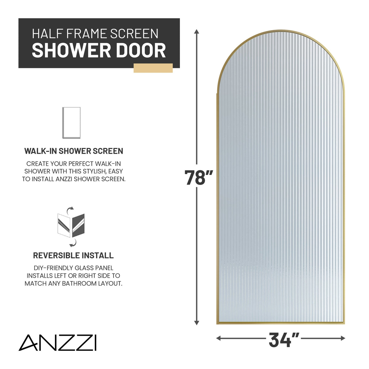 Ember Series 34 in. x 78 in Framed Arch Fixed Shower Screen Door with 8mm Tempered Clear or Fluted Glass