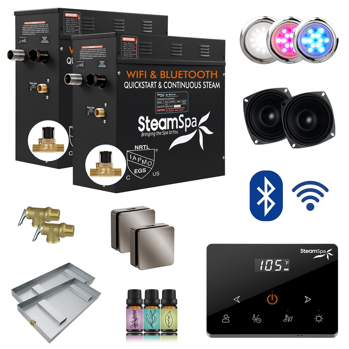 Steam Shower Generator, Full Package, Black Wireless Deluxe New Square Heads