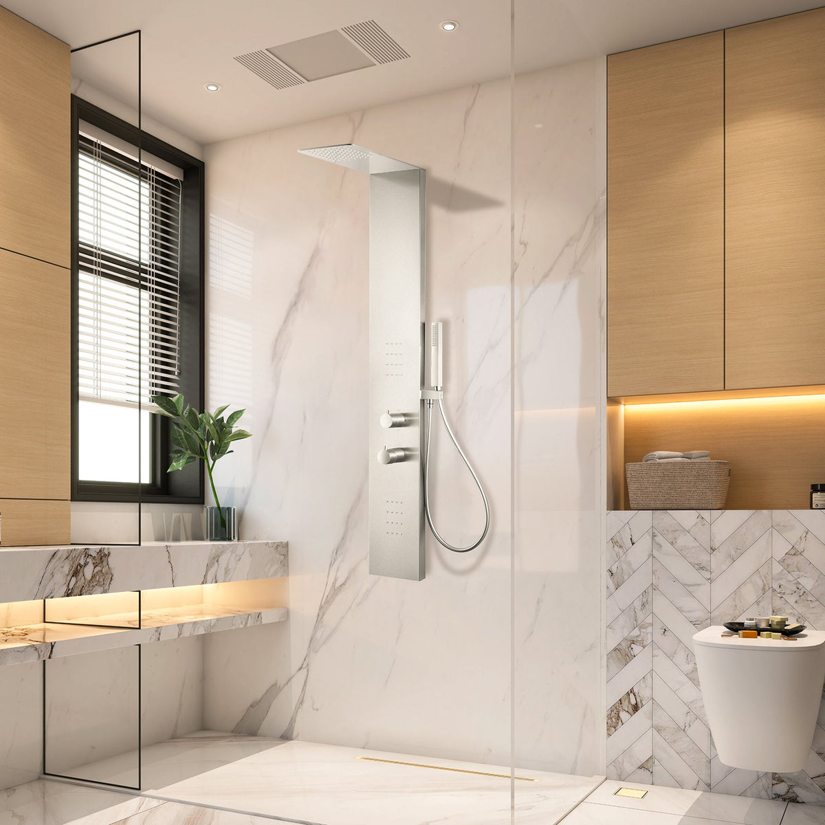 Collines Series 55 in. 2-Jetted Shower Tower with Heavy Rain Shower and Jets and Spray Wand