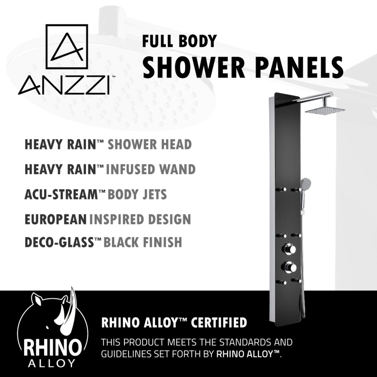 Melody 59 in. 6-Jetted Full Body Shower Panel System with Heavy Rain Shower and Spray Wand in Black Deco-Glass