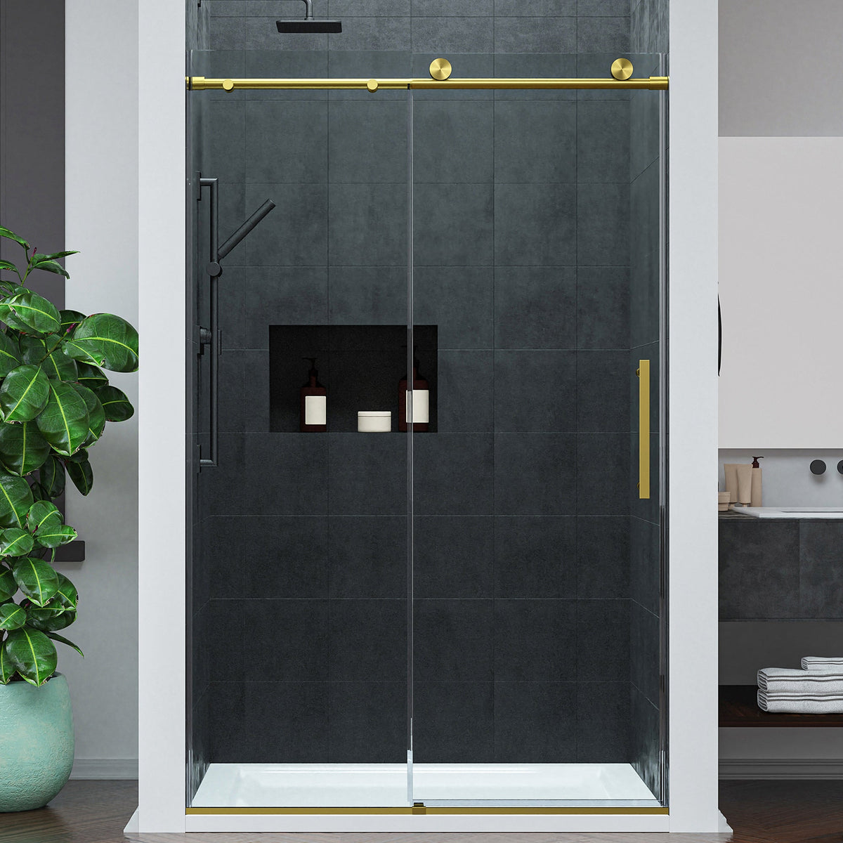 Mountain 48 in. W x 76 in. H Reversible Frameless Sliding Glass Shower Door with Soft-Close System - Multiple Finishes