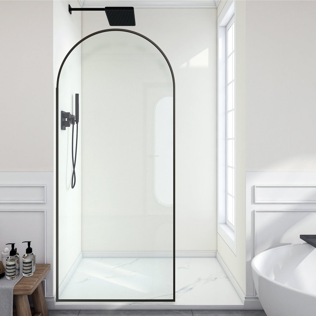 Ember Series 34 in. x 78 in Framed Arch Fixed Shower Screen Door with 8mm Tempered Clear or Fluted Glass