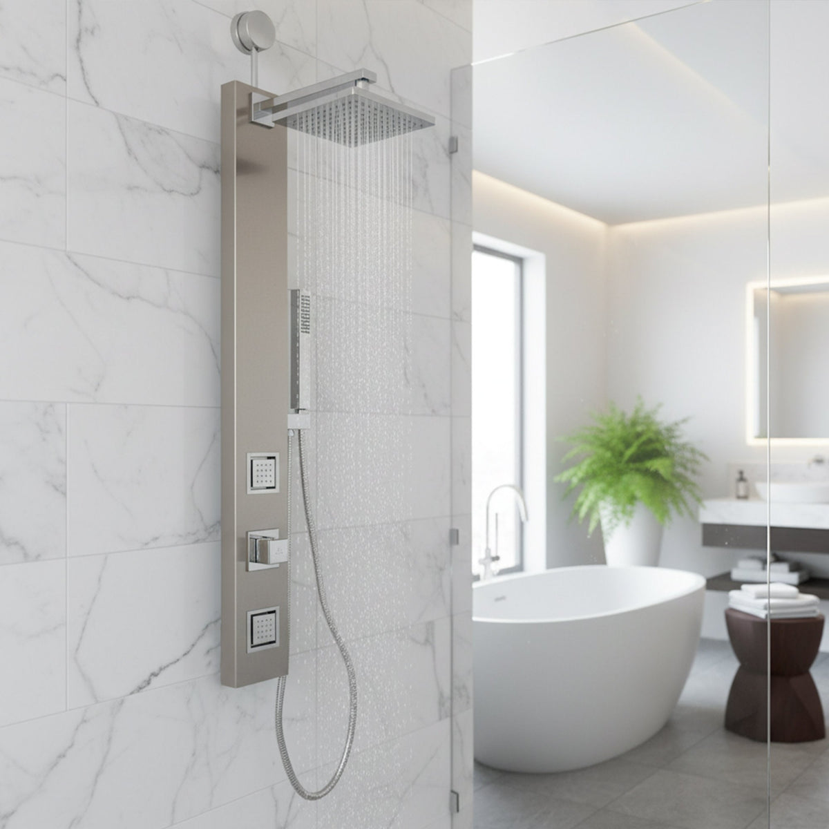 Dion Series 39 in. 2-Jetted Shower Tower with Heavy Rain Shower and Body Jets and Spray Wand