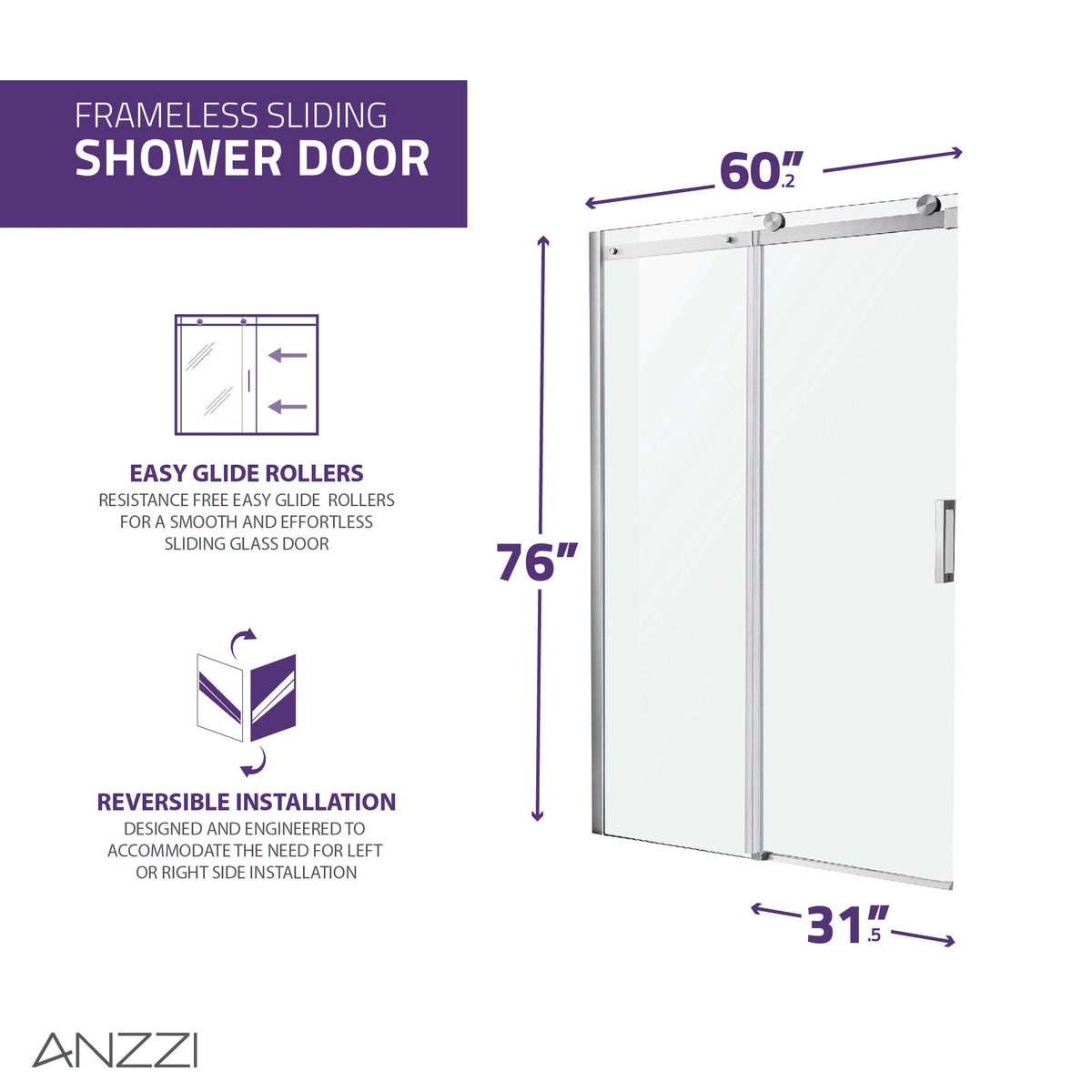 60 x 76 Frameless Shower Door, Rhodes Sliding Tsunami Guard