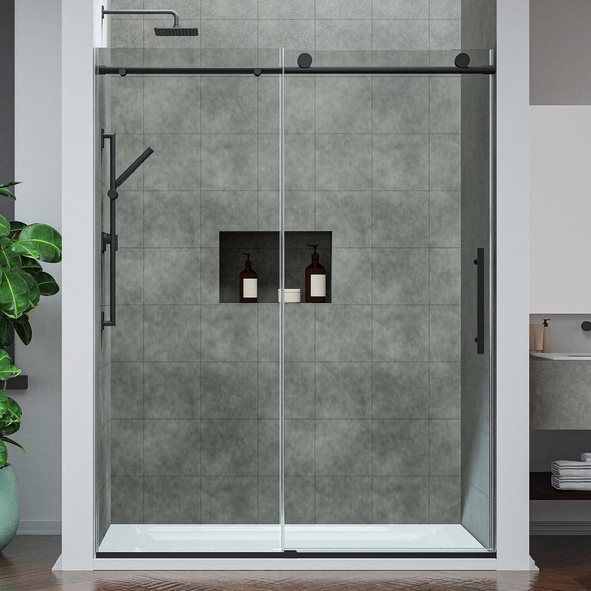 60 x 76 Frameless Shower Door, Mountain Reversible Sliding Deco Multiple Finishes