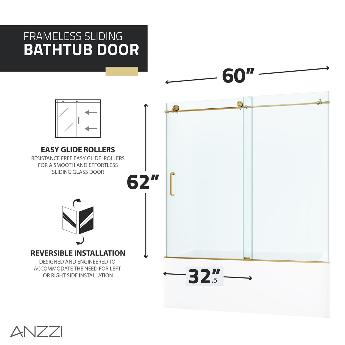 60 x 62 Tub Shower Door, Don Frameless Sliding