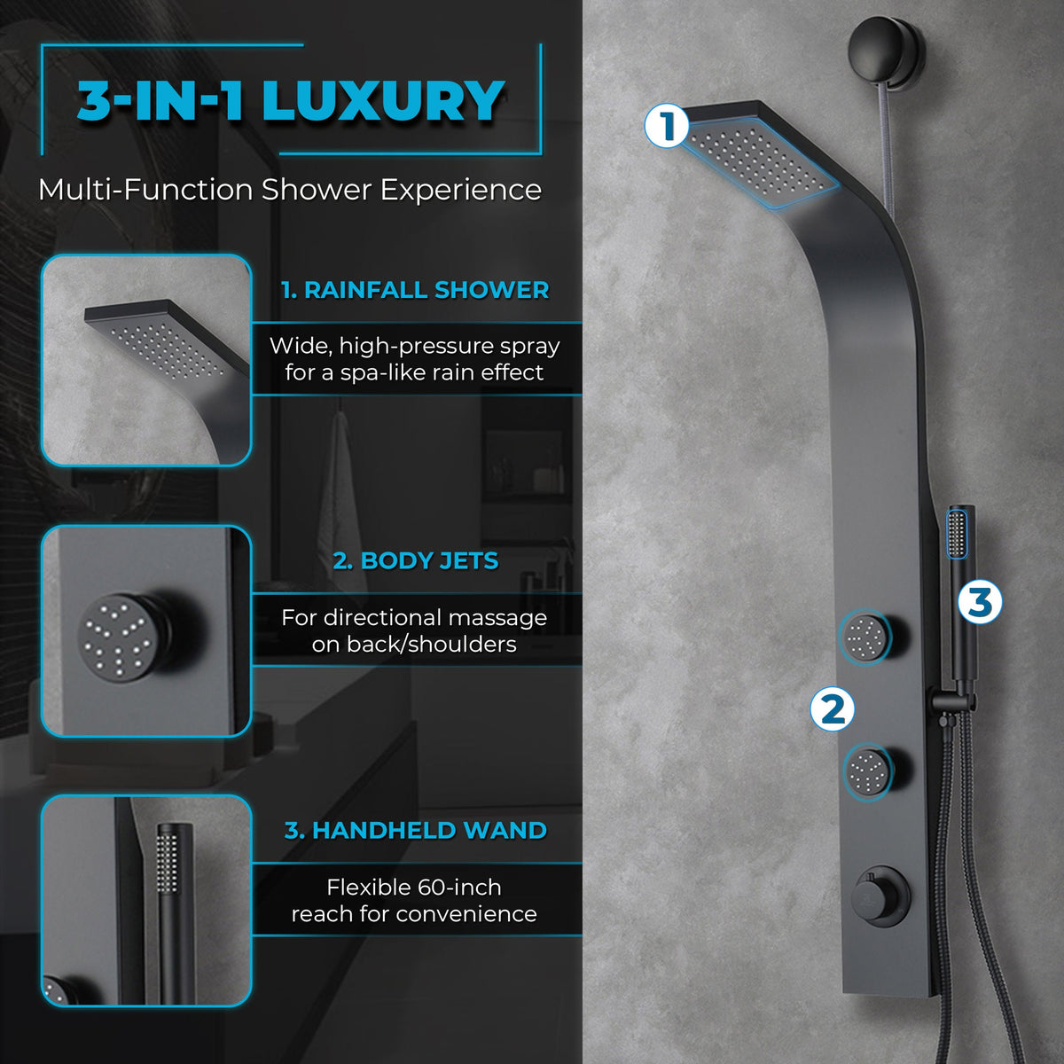 Cici Series 39 in. 2-Jetted Shower Tower with Heavy Rain Shower and Body Jets and Spray Wand