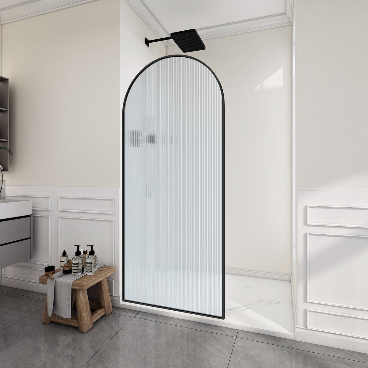 Ember Series 34 in. x 78 in Framed Arch Fixed Shower Screen Door with 8mm Tempered Clear or Fluted Glass
