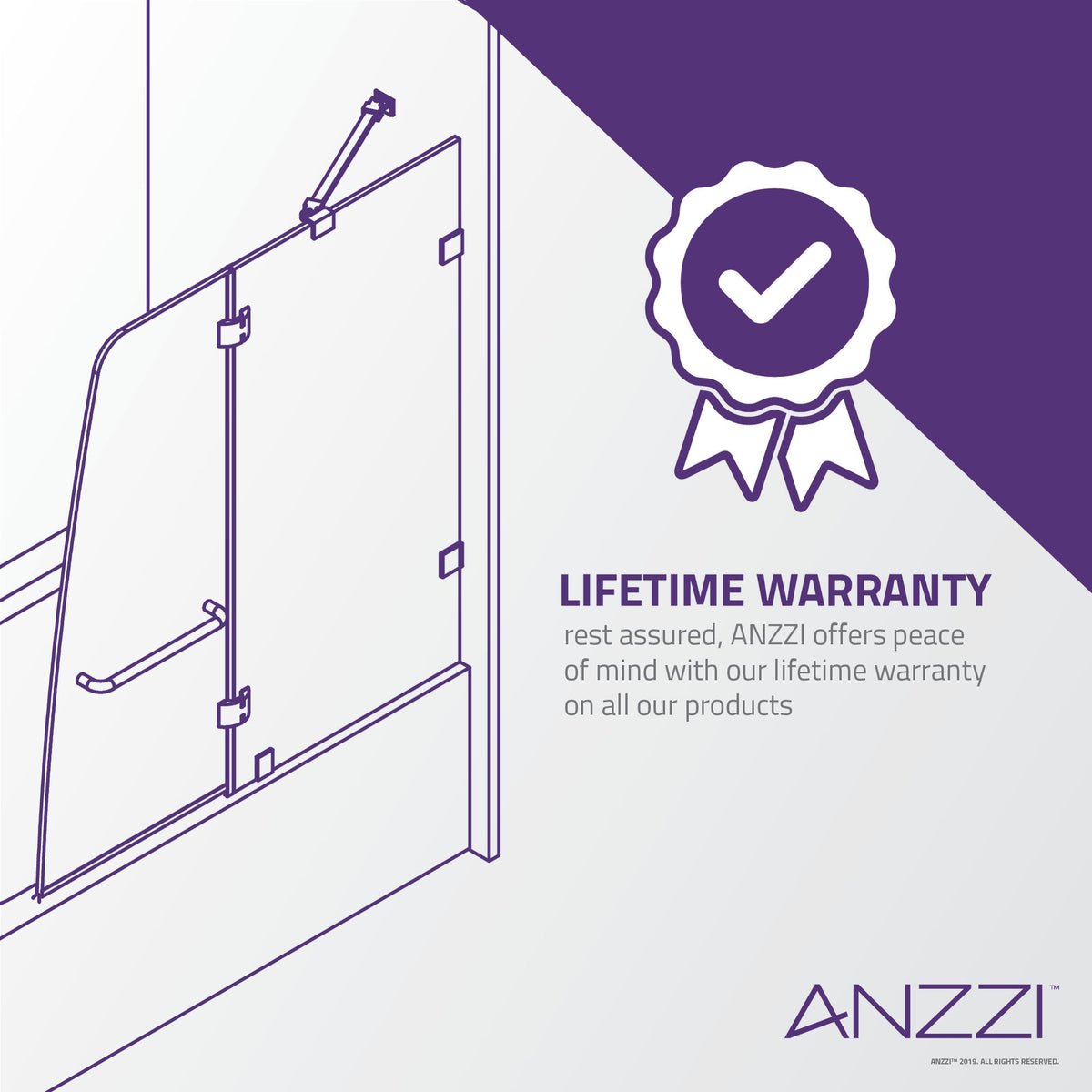 48 x 58 Tub Shower Door, Herald Frameless Hinged Clear Tsunami Guard