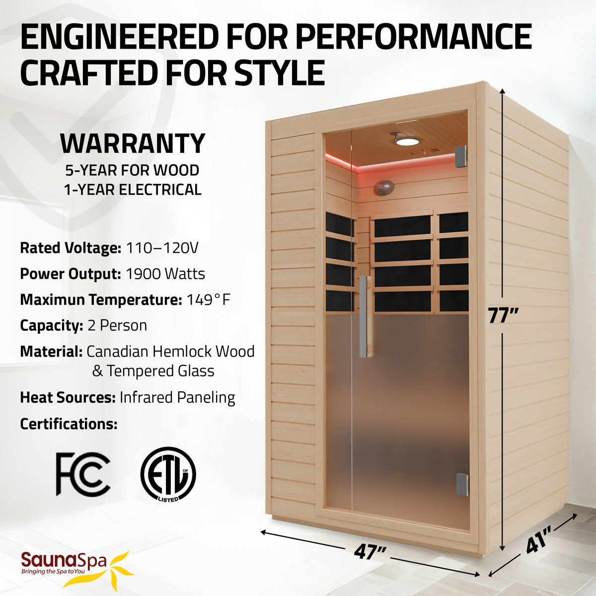 Infrared Sauna, 2 Person Cabin Canadian Glass Door