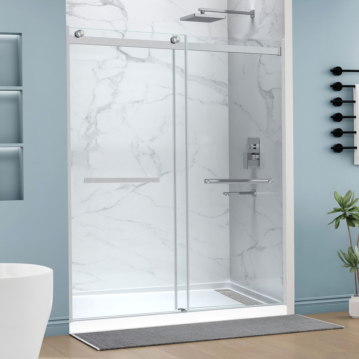 48 x 32 Frameless Shower Door, Pan Only, Kahn Alcove Sliding Combo