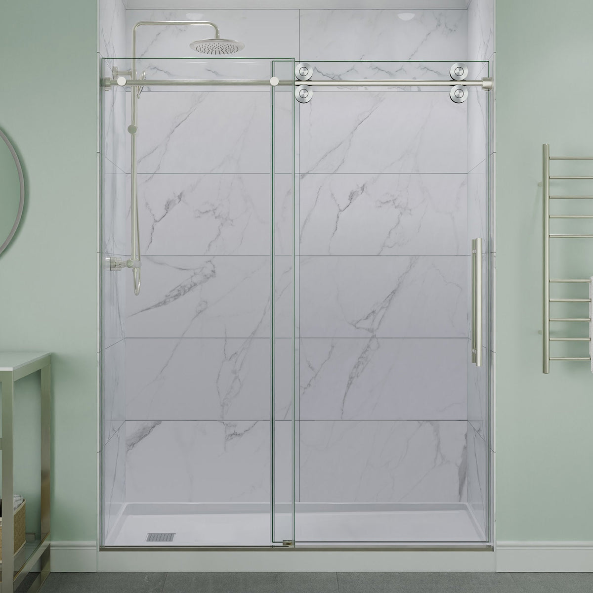ANZZI 60 in. x 76 in. Frameless Sliding Shower Door, 3/8" TSUNAMI GUARD Glass, Exposed Rollers and RHINO ALLOY Hardware