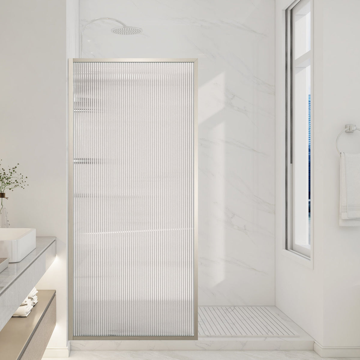 Welle 34 in. x 74 in. Framed Fixed Shower Screen Door with 5/16" (8mm) Tempered Fluted or Clear Glass