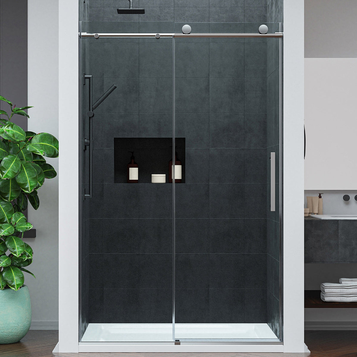 Mountain 48 in. W x 76 in. H Reversible Frameless Sliding Glass Shower Door with Soft-Close System - Multiple Finishes