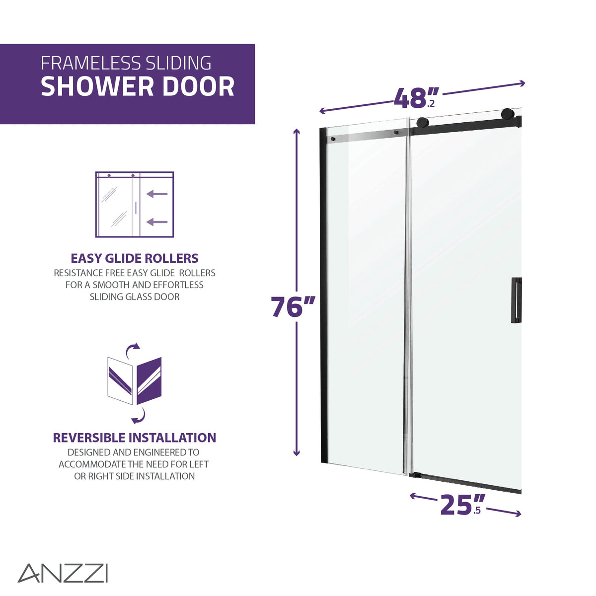 48 x 76 Frameless Shower Door, Rhodes Sliding Tsunami Guard