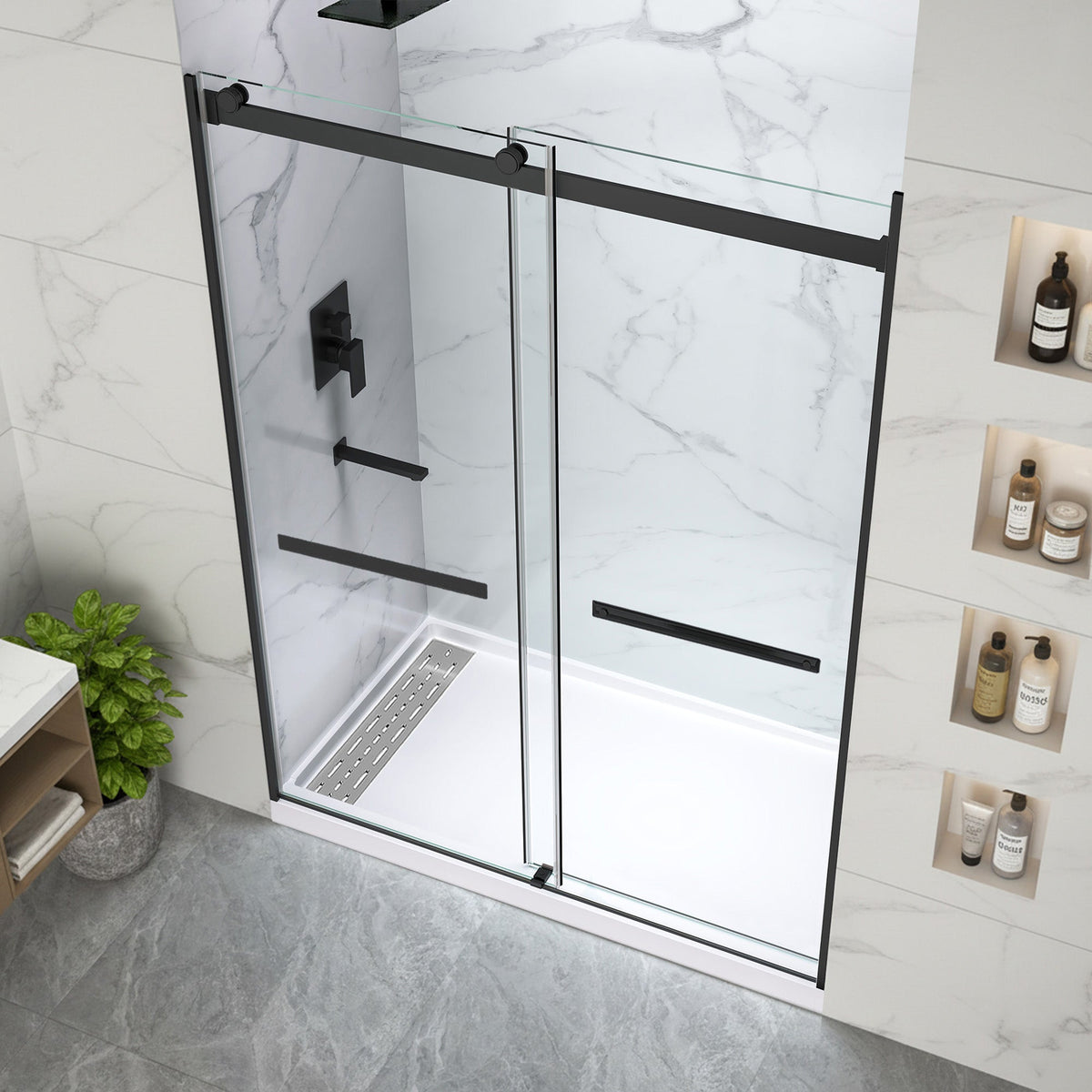 48 x 32 Frameless Shower Door, Pan Only, Kahn Alcove Sliding Combo